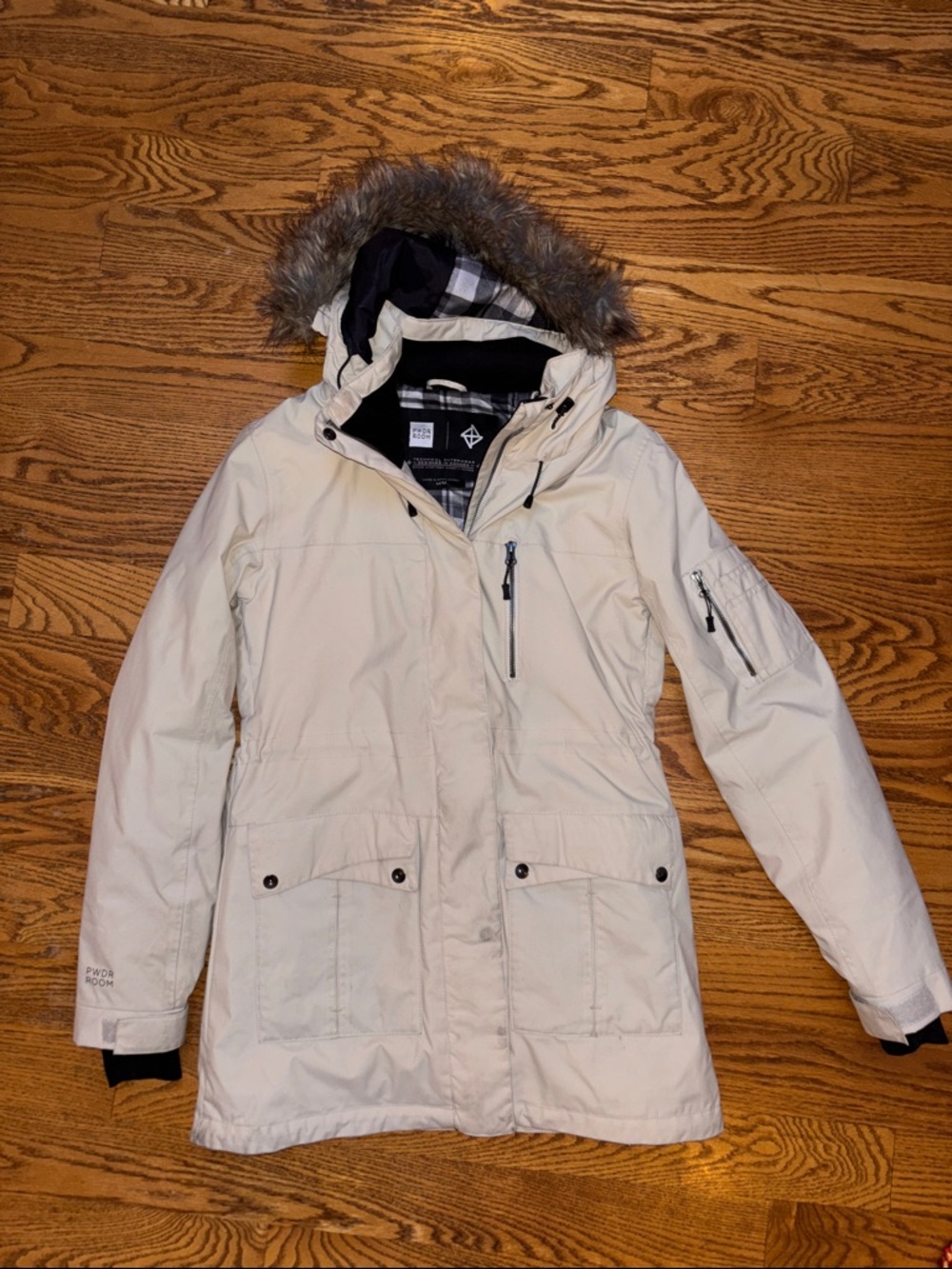 Women's Cream Hooded Winter Parka Jacket with Faux-Fur Trim
